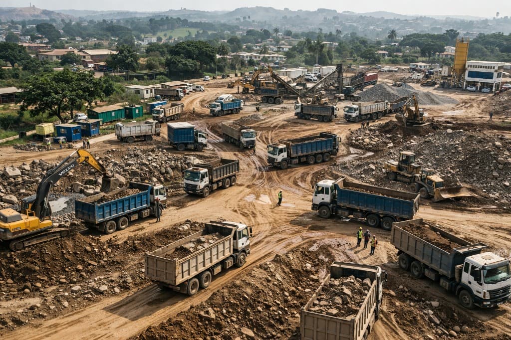 Elevated view of an active quarry and construction site with multiple tipper trucks, excavators, and material stockpiles in operation.